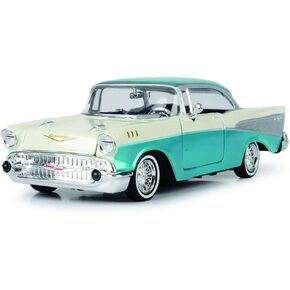 1957 Chevy Bel Air Lowrider Turquoise Metallic and White Get Low Series 1/24 Diecast Model Car by Motormax 79029