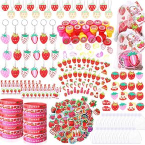 146 Pcs Lovely Strawberry Party Favors Includes Pendant Keychain Silicone Ring Bracelet Stickers Tattoo Sticker Party Tags Organza Bag Stampers for Baby Shower Birthday Party Class Reward