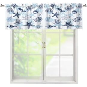 Vintage Nautical Theme Window Valance Lighthouse Sea Starfish Conch Coral Pattern Print Rod Pocket for Kitchen Living Room Cafe Dining Room Bedroom 54x18in