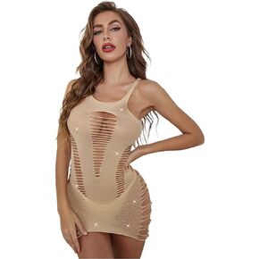 Womens One Piece Sparkle Rhinestone Fishnet Teddy Dress Fishnet Bodysuit Chemise Babydoll Mini Dress Underwear