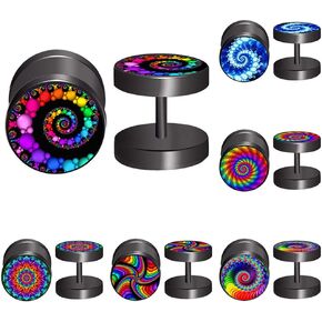 FLYUN 6Pairs Men's Earrings Fake Gauge Earrings Fake Gauges Faux Plug Earrings Black Earring for Men Surgical Steel Mens Earring Flower Earrings