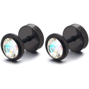 8MM Men Womens Black Circle Stud Earrings with Spiked CZ, Steel Cheater Fake Ear Plugs Gauges Tunnel