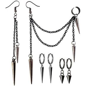 ANDPAI 3 Pairs Unique Long Chain Ear Cuff Earrings Personalized Lightweight Black Silver 316L Stainless Steel Punk Vintage Barrel Nails Crawler Climer Dangle Drop Earrings Sets for Men Women