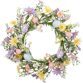 VGIA 18 inch Easter Wreath with Pastel Eggs Artificial Easter Egg Wreath for Front Door Spring Door Wreath with Wild Flowers and Pastel Eggs Easter Decorations for Home