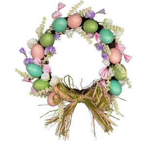 VGIA 18 inch Easter Wreath with Pastel Eggs Artificial Easter Egg Wreath for Front Door Spring Door Wreath with Wild Flowers and Pastel Eggs Easter Decorations for Home