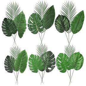 Worown 18 Pieces Artificial Tropical Leaves Set, Monstera and Palm Leaf, Plant Leaves, Decorative Faux Tropical Leaf with Stem for Hawaiian Jungle, Birthday Barbecue Party, Beach Theme Decor