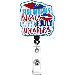 4th of July Badge Reel Retractable Glitter Five-Pointed Star Shape Acrylic Alligator Clip Independence Day Badge Clip ID Card Badge Holder for Nurse Work Teacher RN Office Staff Student