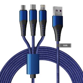 100W USB C to Multi Fast Charging Cable 3M/10Ft [Apple MFi Certified] USB A/C to 3-in-1 Long Charging Cord with Type C +Micro USB +Lightning Connector Universal Charger for Laptop iPhone i-Pad