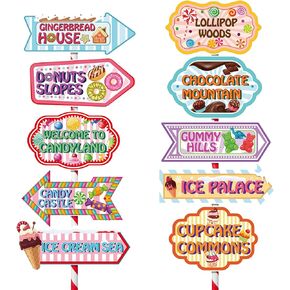 Candyland Party Decorations Candy Land Party Sign Welcome Candyland Birthday Decor Directional Street Arrow Signs for Kids Birthday Sweet Candy Theme Party Supplies(10 Pcs)