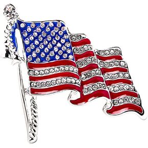 Rhinestone Waving USA Flag Brooch Pin for Women Silver Tone Fashion Crystal 4th of July American Patriotic Medal Blue Red Enamel Brooches Dress Accessories Veterans Independence Memorial Day Jewelry