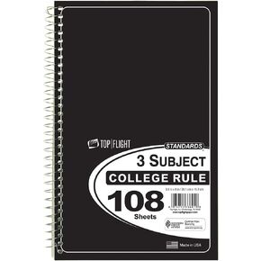 Top Flight Standards 3-Subject Wirebound Notebook, 108 Sheets, College Rule, 9.5 x 6 Inches, 1 Notebook, Cover Color May Vary (33601)
