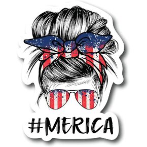 STICKY DUDE Messy Bun USA Flag Patriotic Woman Sticker, 5 inches - Yeti Cup Vinyl Cooling Box Waterproof Sticker Decal Car Laptop Wall Window Bumper Sticker