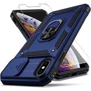 for iPhone Xs Max Case,with Camera Lens Cover HD Screen Protector,[Military Grade] Ring Car Mount Kickstand Hybrid Hard PC Soft TPU Shockproof Protective Case for iPhone Xs Max, Blue