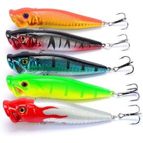 Fishing Lures 5pcs Fishing Bass Lures Popper Lure Shallow Swimbait Crankbait with Treble Hook 3D Fishing Eyes for Bass Trout Freshwater and Saltwater
