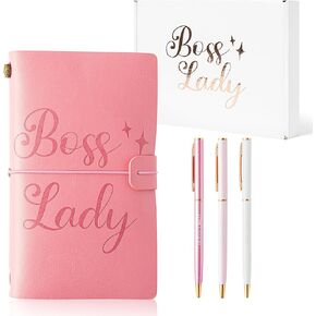Boss Lady Appreciation Gift - Pink Leather Writing Notebook Inspirational Quote Ballpoint Pens Gift Set, Journal Lined Paper Hardcover Diary Sketchbook for Birthday Retirement Office