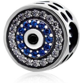 Blue Crystal Evil Eye Charm 925 Sterling Silver Lucky Beads Angel Birthstone Symbol Charm for Pandora Charms Bracelet (A)