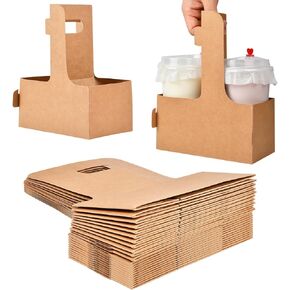 30 Pack Drink Carrier with Handle, 2-Cup Kraft Disposable Paperboard Cup Holder for Hot or Cold Drinks, to Go Coffee Cup Holder for Food Delivery Service