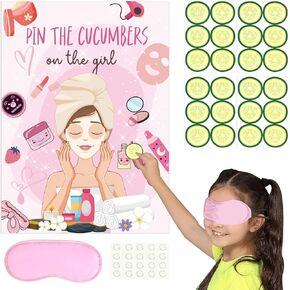 SPA Party Games Kit, Pin The Cucumbers on The Girl SPA Party Stickers Poster and Blindfold Spa Party Decorations for Kids Girls Women for Makeup Party Birthday Party Favors 20 * 27 Inch