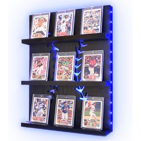 Baseball Trading Card Display Shelf, Sports Card Wall Shelves with LED Light, Wood Storage Holder for PSA SGC BGS NFL Collectible Graded Card, Football Basketball Hockey Hanging Frame Gift