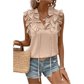 MakeMeChic Women's Ruffle Trim V Neck Summer Blouse Swiss Dots Sleeveless Tank Top