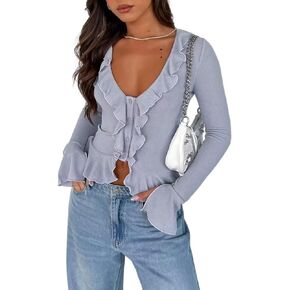 Women's Deep V Neck Long Bell Sleeve Button Down Ruffle Crop Shirt Top Blouses
