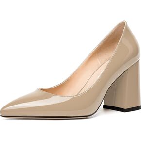 Womens Solid Pointed Toe Casual Dating Patent Slip On Block High Heel Pumps Shoes 3.3 Inch