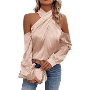 WDIRARA Women's Criss Cross Cold Shoulder Long Sleeve Halter Satin Blouse Tops