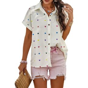 SweatyRocks Women's Heart Print Short Sleeve Button Down Shirt Top Collared Neck Summer Holiday Blouses