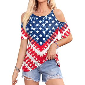For G and PL Women's Cold Shoulder American Flag Patriotic Short Sleeve Shirts