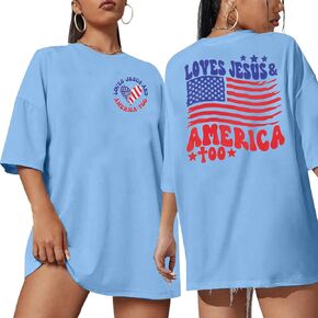 Loves Jesus and America Too Tshirt Woman 4th of July Oversized Shirt American Flag Print Tee USA Star Short Sleeve Top