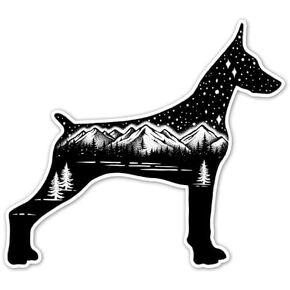 Doberman Decal Sticker for Car-Truck Windows Plus Laptops and Tumblers - Pinscher Dog Vinyl Sign Art Print with a Forest, Trees and Mountains at Night with Stars, 5in x 4.4in, Small