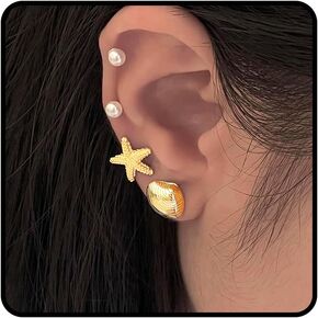 Starfish Earrings, Gold Shell Pearl Studs Earrings Set Statement Hypoallergenic Earrings Dainty Beach Earrings Summer Fashion For Women Jewelry Gifts