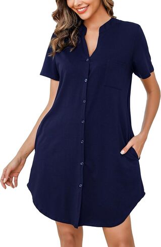 Vlazom Nighties for Women, Ladies Button Down Nightgown Short Sleeves Soft Casual Nightshirt Pajama Dress with Pocket S-XXL in Saudi Arabia