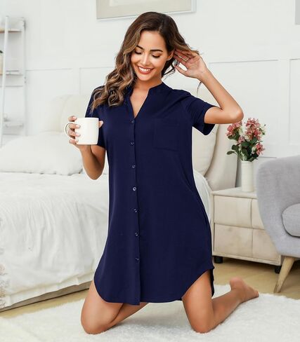Vlazom Nighties for Women, Ladies Button Down Nightgown Short Sleeves Soft Casual Nightshirt Pajama Dress with Pocket S-XXL in Saudi Arabia