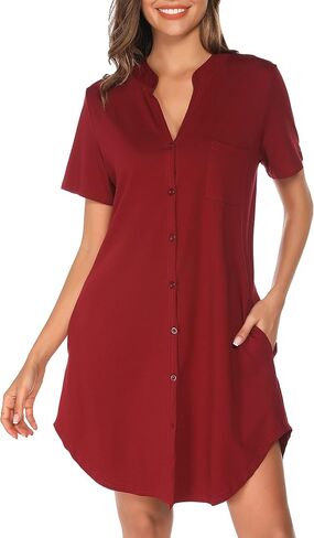 Vlazom Nighties for Women, Ladies Button Down Nightgown Short Sleeves Soft Casual Nightshirt Pajama Dress with Pocket S-XXL in Saudi Arabia