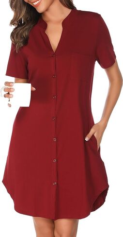 Vlazom Nighties for Women, Ladies Button Down Nightgown Short Sleeves Soft Casual Nightshirt Pajama Dress with Pocket S-XXL in Saudi Arabia