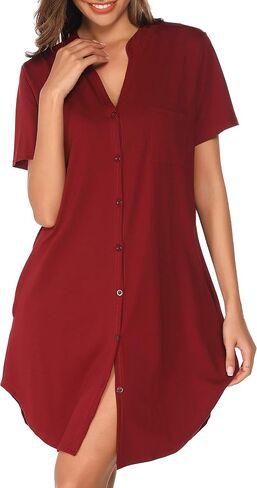 Vlazom Nighties for Women, Ladies Button Down Nightgown Short Sleeves Soft Casual Nightshirt Pajama Dress with Pocket S-XXL in Saudi Arabia