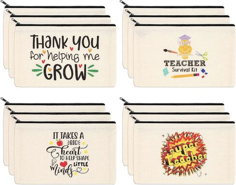 PARBEE Teacher Gift Makeup Bag, 12PCS Canvas Cosmetic Pouch Zippered Toiletry Bags Case, Appreciation Gifts for Teachers in Saudi Arabia