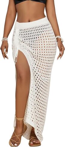 Bsubseach Crochet Cover Up Skirt 2024 Knit Drawstring Long Coverups for Swimwear Women Elastic Waist Beach Wrap S-L in Saudi Arabia