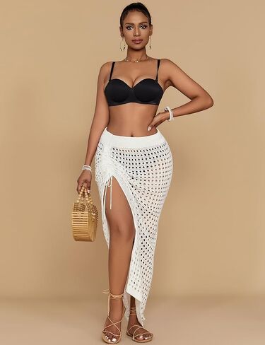 Bsubseach Crochet Cover Up Skirt 2024 Knit Drawstring Long Coverups for Swimwear Women Elastic Waist Beach Wrap S-L in Saudi Arabia