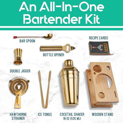 Mixology Bartender Kit - 8-Piece Gold Cocktail Shaker Set with Pine Wood Stand, Recipe Cards, and Bar Accessories Ideas in Saudi Arabia