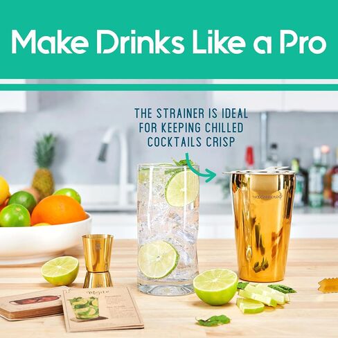 Mixology Bartender Kit - 8-Piece Gold Cocktail Shaker Set with Pine Wood Stand, Recipe Cards, and Bar Accessories Ideas in Saudi Arabia
