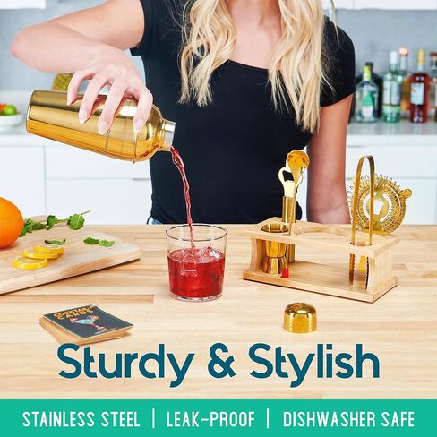 Mixology Bartender Kit - 8-Piece Gold Cocktail Shaker Set with Pine Wood Stand, Recipe Cards, and Bar Accessories Ideas in Saudi Arabia