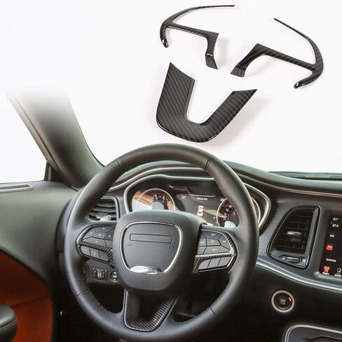 CheroCar Steering Wheel Interior Decoration Trim Kits Panel Cover for 2014-2021 Jeep Grand Cherokee, for 2015-2021 Dodge Challenger/Charger, for 2014-2021 Dodge Durango (Carbon Fiber Grain) in Saudi Arabia