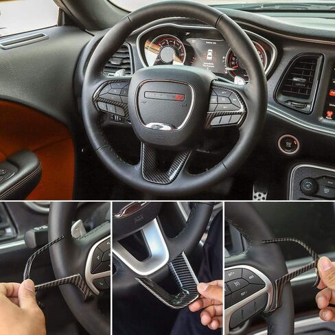 CheroCar Steering Wheel Interior Decoration Trim Kits Panel Cover for 2014-2021 Jeep Grand Cherokee, for 2015-2021 Dodge Challenger/Charger, for 2014-2021 Dodge Durango (Carbon Fiber Grain) in Saudi Arabia