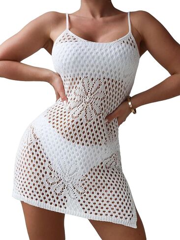 COZYEASE Women's Bathing Suit Crochet Cover Ups Spaghetti Strap Hollow Out Bikini Cover Dress in Saudi Arabia