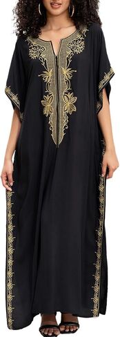 Bsubseach Kaftan Dresses for Women Gold Embroidery Long Beach Cover Ups Caftan Loungewear Vacation Outfits Black in Saudi Arabia