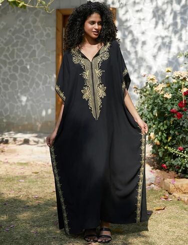 Bsubseach Kaftan Dresses for Women Gold Embroidery Long Beach Cover Ups Caftan Loungewear Vacation Outfits Black in Saudi Arabia
