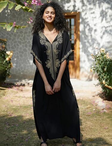 Bsubseach Kaftan Dresses for Women Gold Embroidery Long Beach Cover Ups Caftan Loungewear Vacation Outfits Black in Saudi Arabia