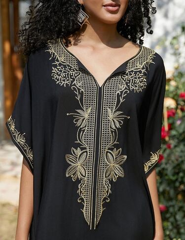 Bsubseach Kaftan Dresses for Women Gold Embroidery Long Beach Cover Ups Caftan Loungewear Vacation Outfits Black in Saudi Arabia